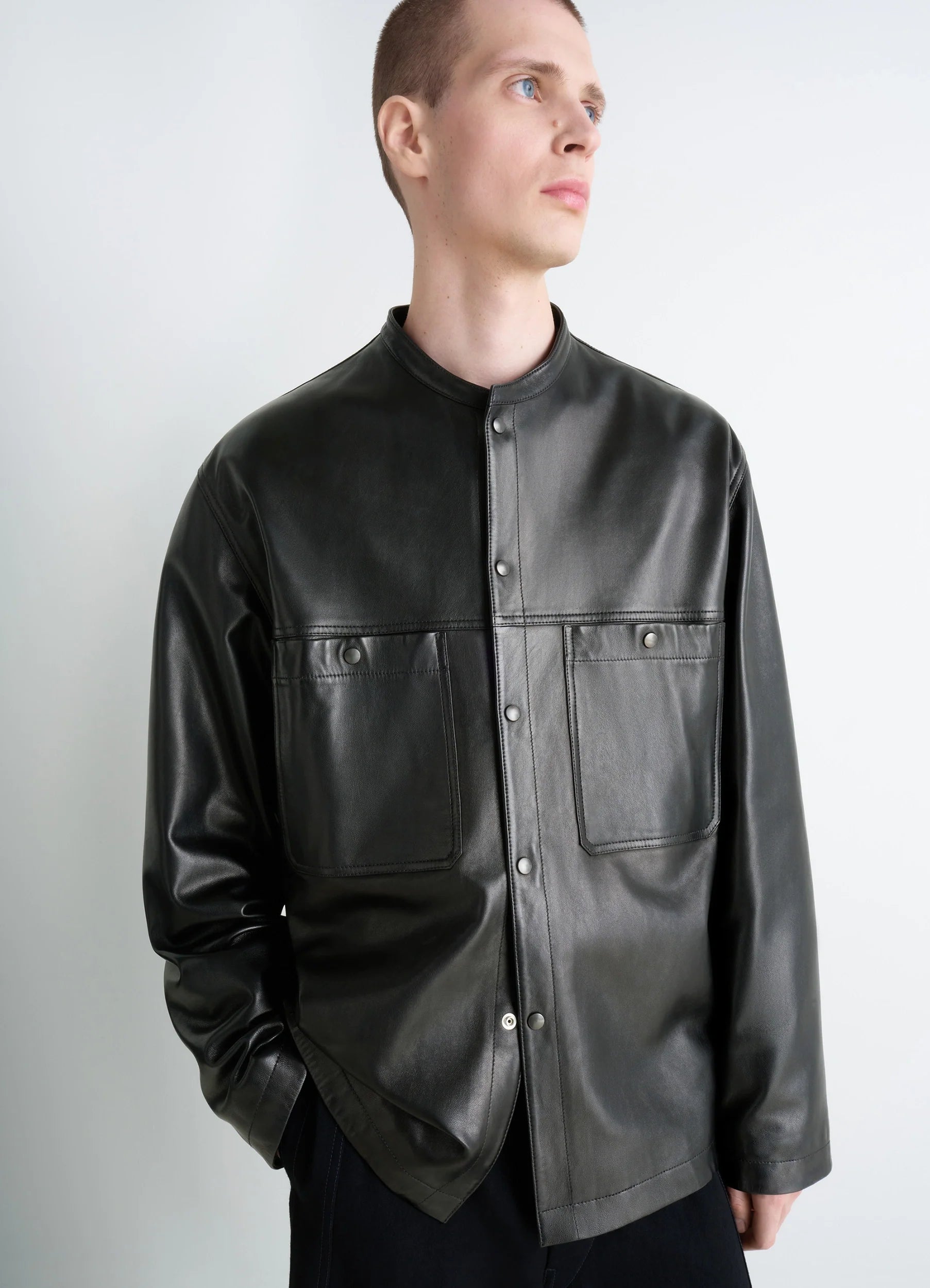 LEATHER COLLARSTAND OVERSHIRT