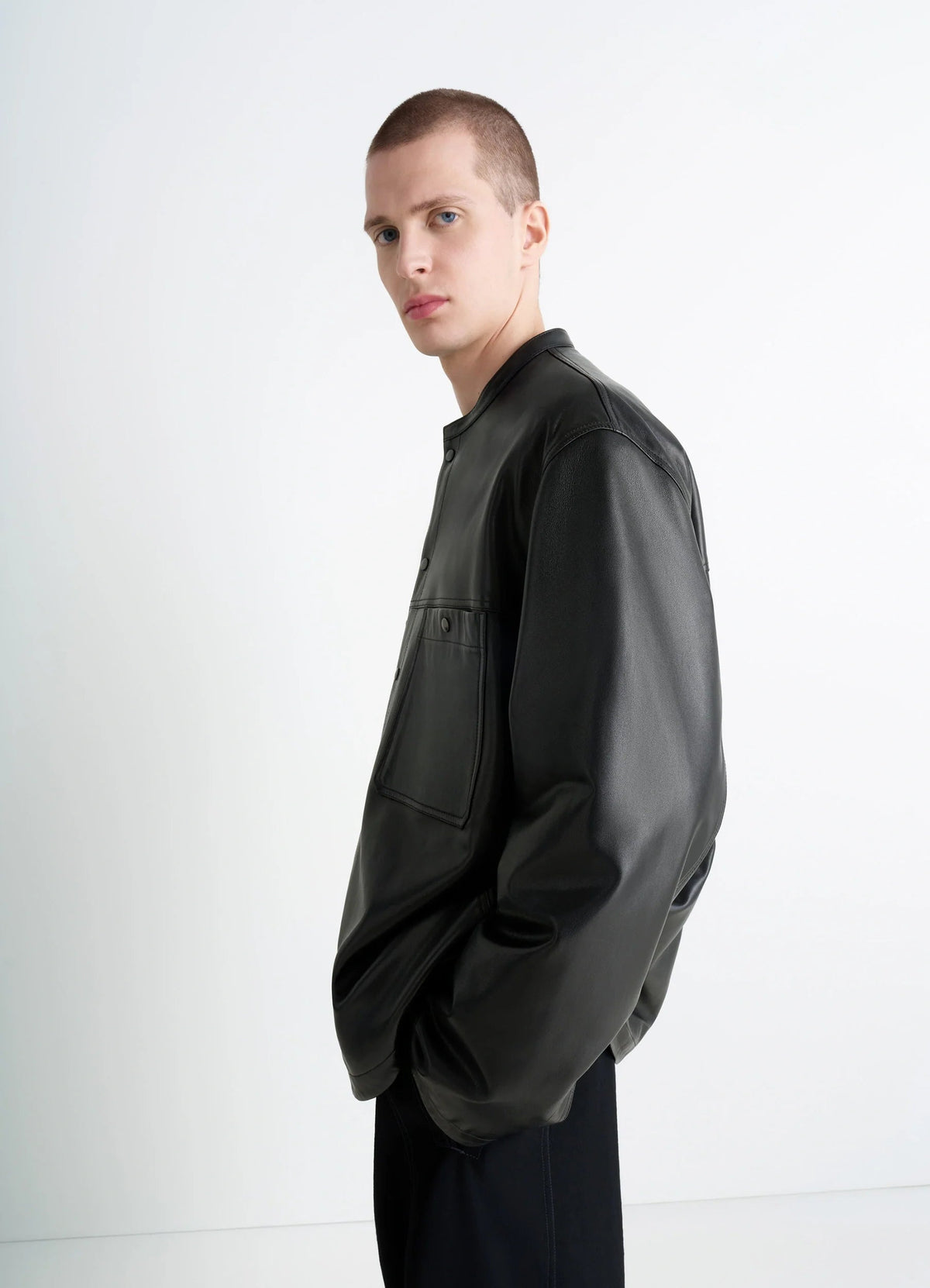 LEATHER COLLARSTAND OVERSHIRT